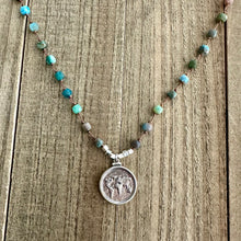 Load image into Gallery viewer, Knotted Apatite Stone Necklace with a Sterling Silver Charm