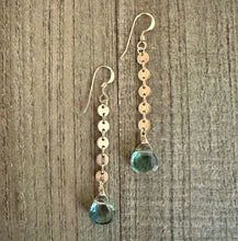 Load image into Gallery viewer, 14K Gold Filled Disc Chain Earrings with Aqua Green Quartz Stones