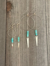 Load image into Gallery viewer, 14K Gold Filled Hoop Earrings with Blue Opal Stones and Gold Spike Dangles. 40mm