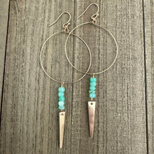 Load image into Gallery viewer, 14K Gold Filled Hoop Earrings with Blue Opal Stones and Gold Spike Dangles. 40mm