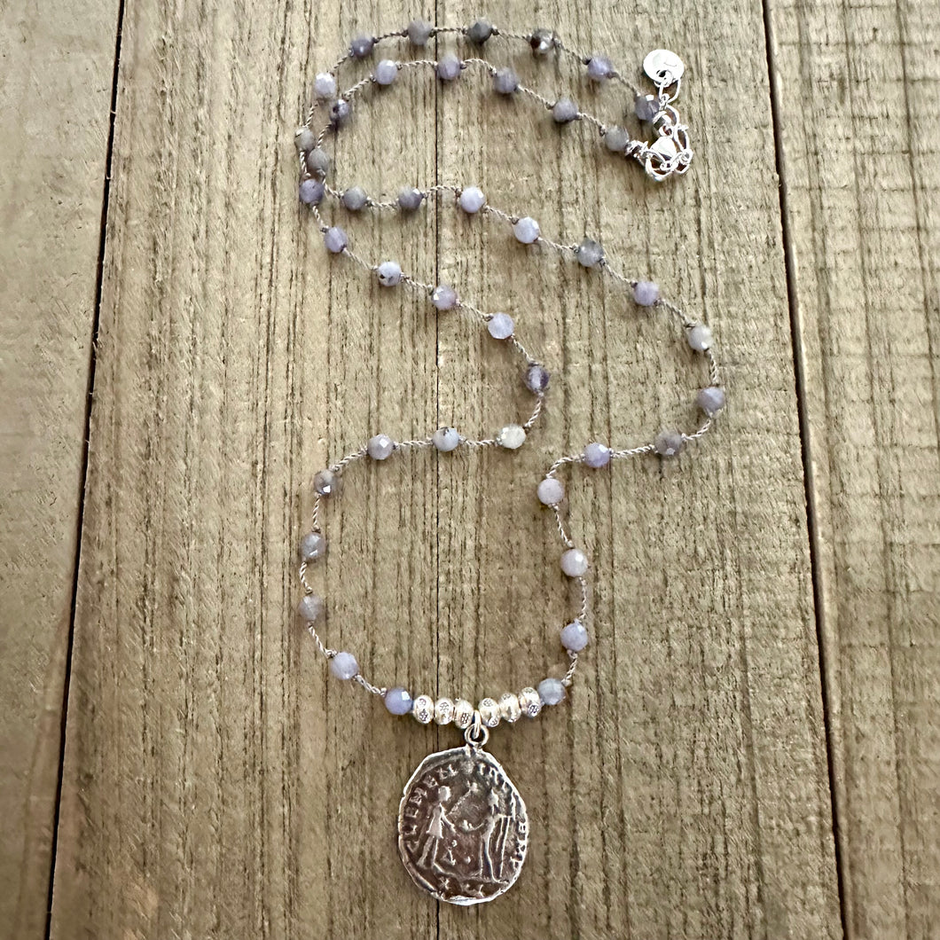 Knotted Iolite Necklace with a Sterling Silver Coin Pendant