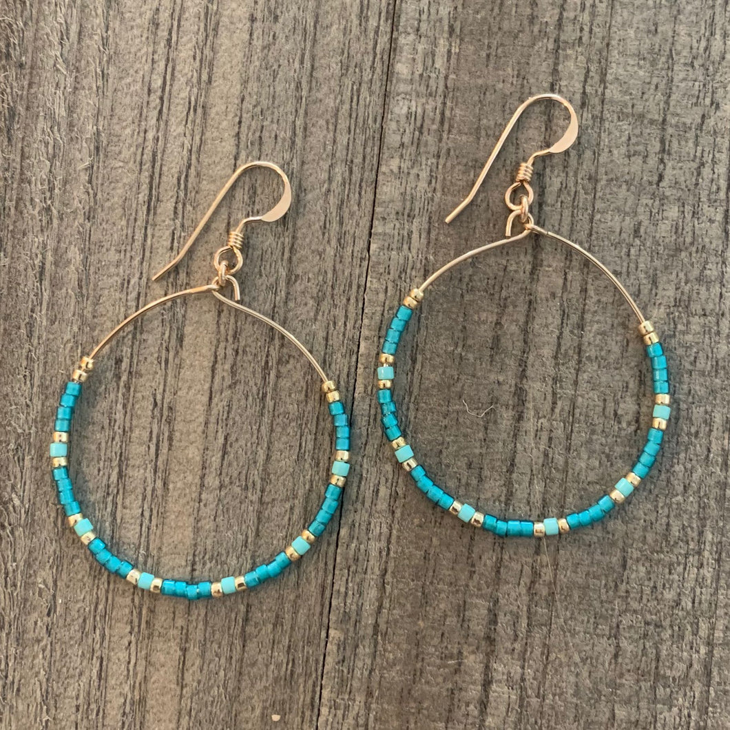 Electric Blue, Light Blue and Gold Seed Bead Hoop Earrings