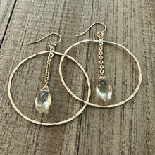 Load image into Gallery viewer, 14K Gold Filled Hammered Hoop Earrings with Lemon Quartz Briolette Stones
