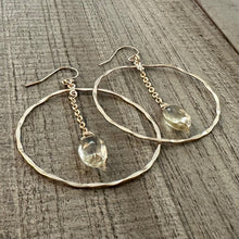 Load image into Gallery viewer, 14K Gold Filled Hammered Hoop Earrings with Lemon Quartz Briolette Stones
