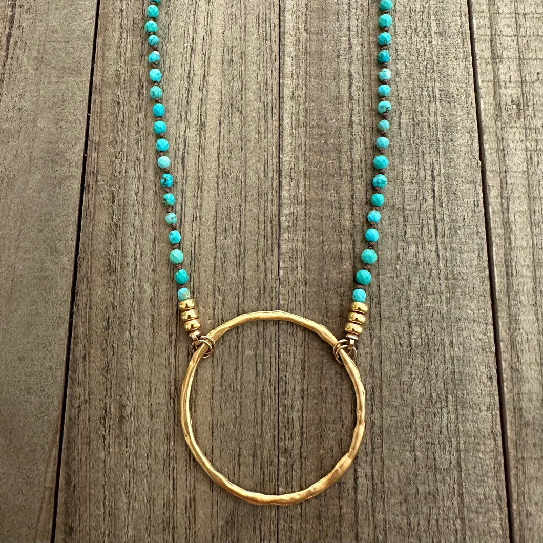 Knotted Turquoise Necklace with a Beautiful Large Hammered Gold Hoop Pendant & Gold Rondelle accents