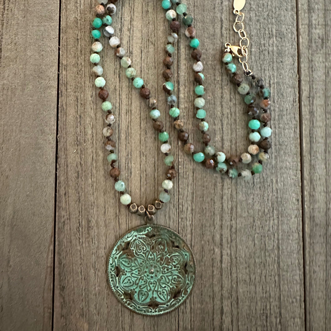 Knotted Chrysoprase Stone Necklace with Large Patina Brass Charm