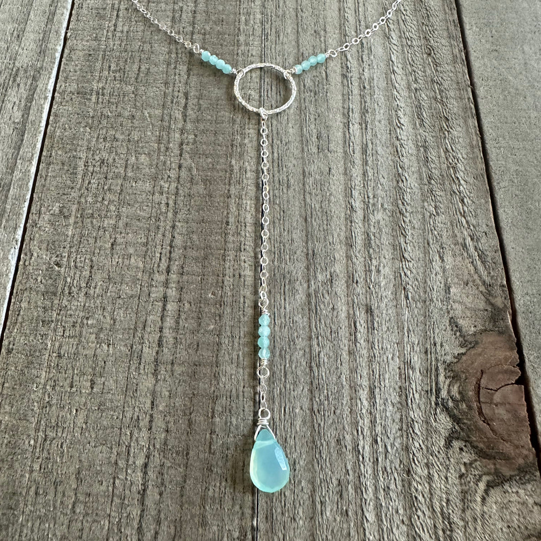 Amazonite and Chalcedony Stone with Sterling Silver Lariat Style Necklace