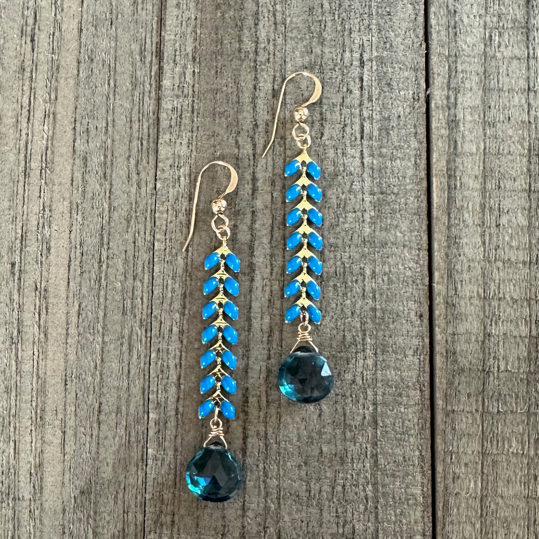 Denim Blue Enamel Earrings with Blue Lagoon Quartz Stone Drops