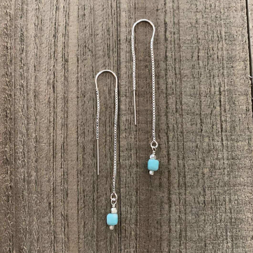 Sterling Silver Threader Earrings with Cube Shaped Amazonite Stone Beads