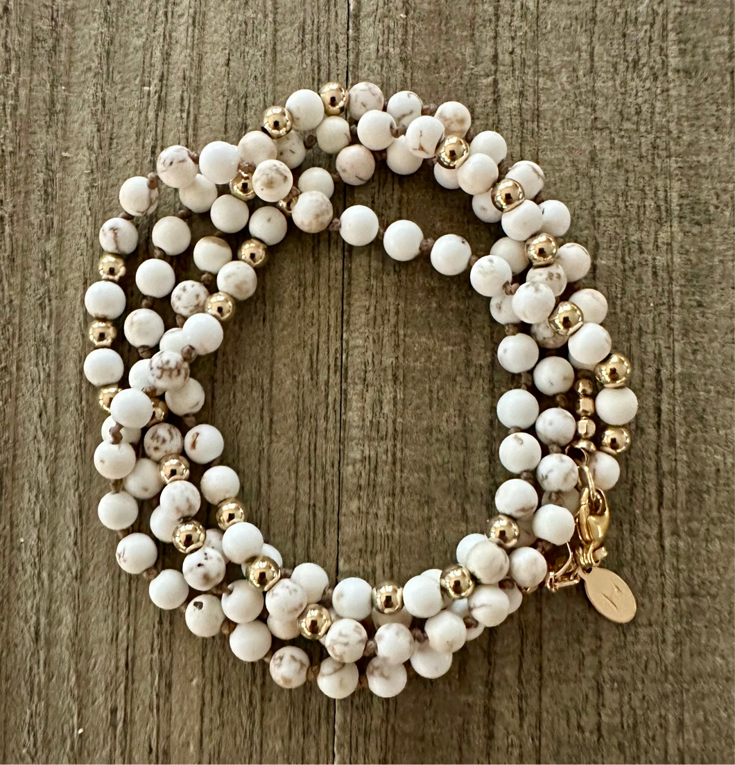 White Turquoise & Gold Knotted Wrap Bracelet