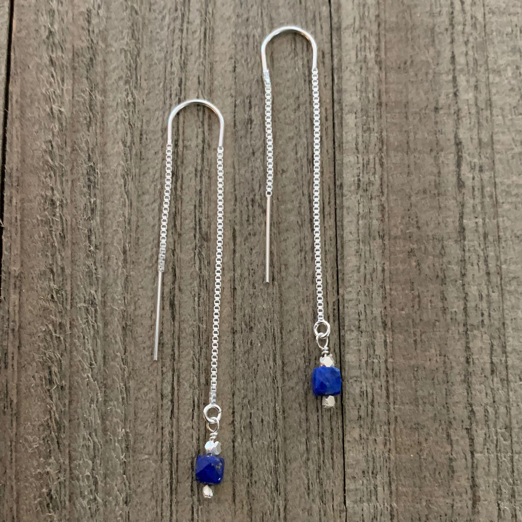 Sterling Silver Threader Earrings with Cube Shaped Lapis Lazuli Stone Accents