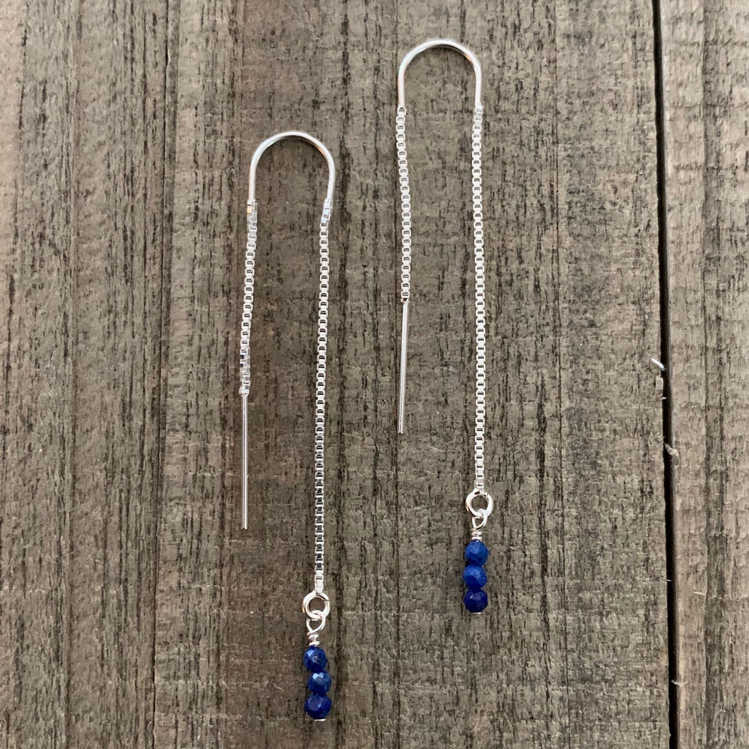 Sterling Silver Threader Earrings with Three 2mm Lapis Lazuli Stones