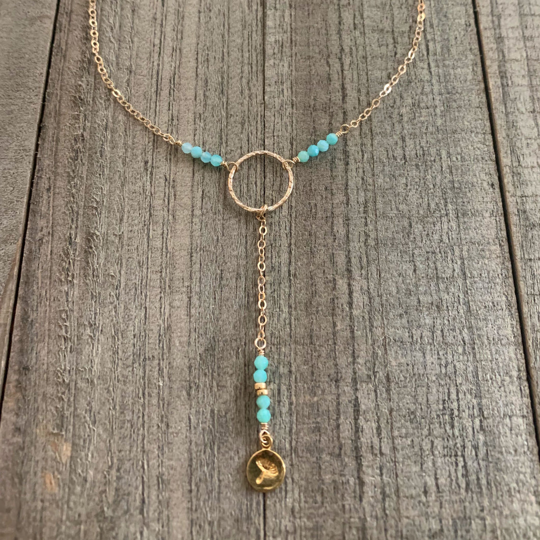 14K Gold Filled Lariat Style necklace with beautiful Amazonite Stone accents and 14K Gold Filled Charm