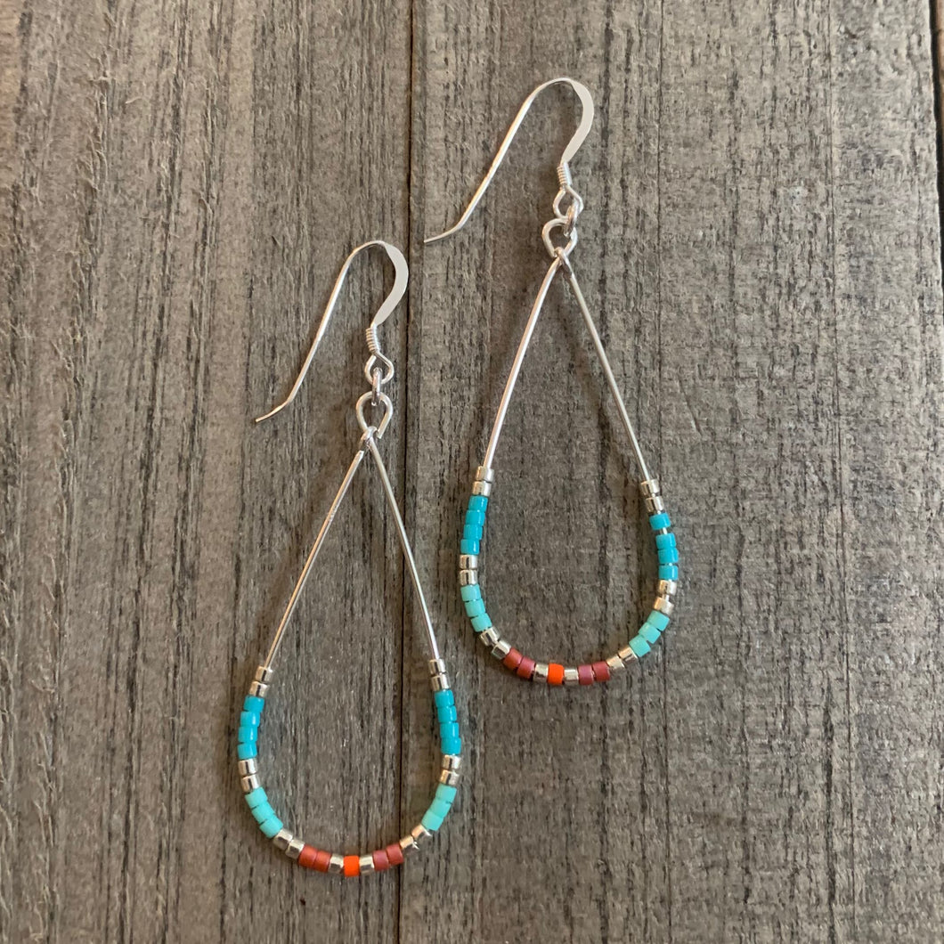 Sterling Silver Teal, Pink, Orange and Gold Seed Bead Tear Drop Earrings