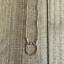 Load image into Gallery viewer, Pink Tourmaline and 14K Gold Filled Necklace with a Hammered Circle Pendant
