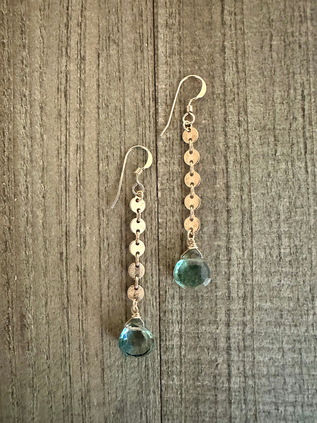 14K Gold Filled Disc Chain Earrings with Aqua Green Quartz Stones
