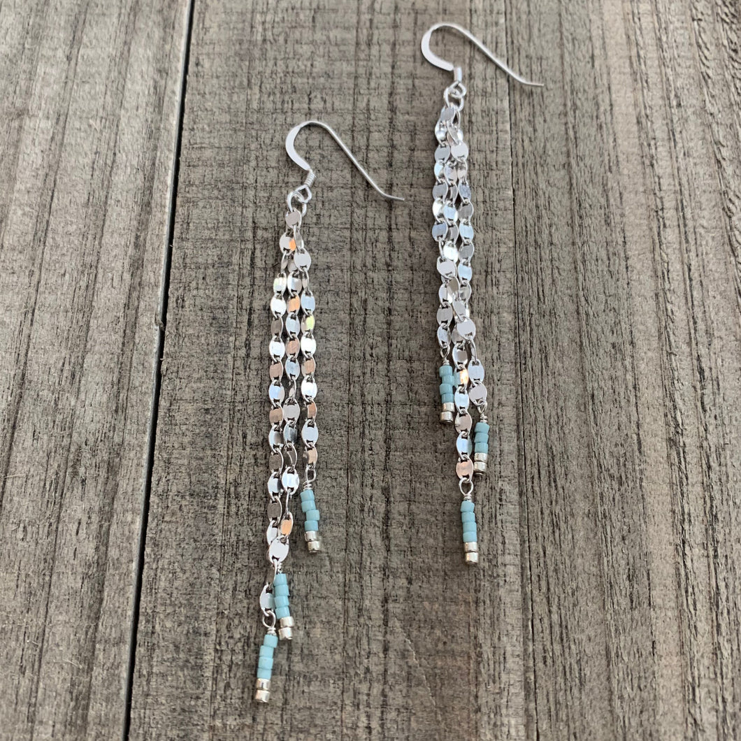 Sterling Silver 3-Strand Shimmery Dangle Earrings with Sky Blue Seed Bead Tips