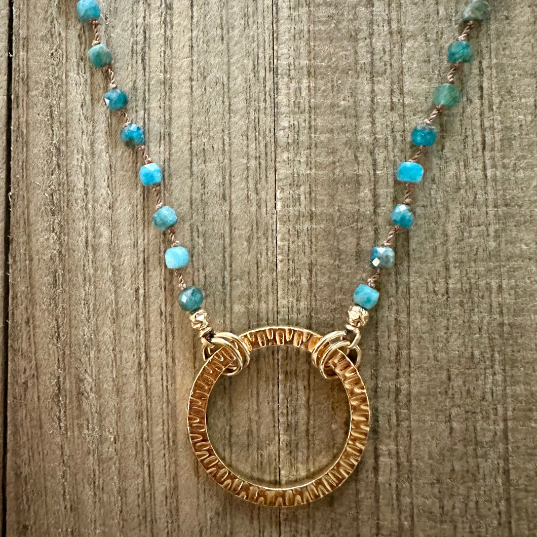 Blue Apatite Knotted Necklace with Large Gold Hoop