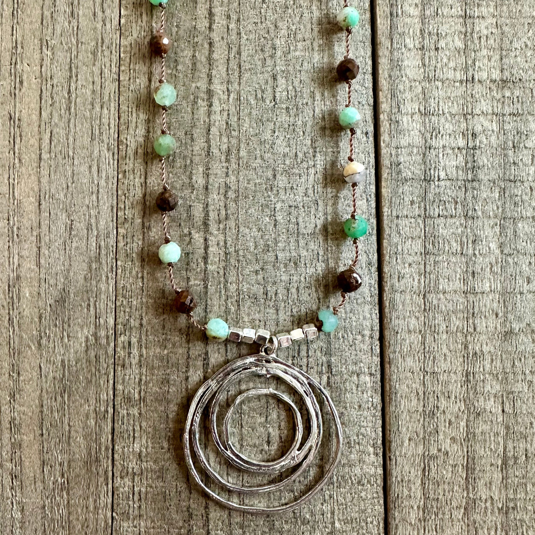 Knotted Chrysoprase Stone Necklace with a Sterling Silver Spiral Charm