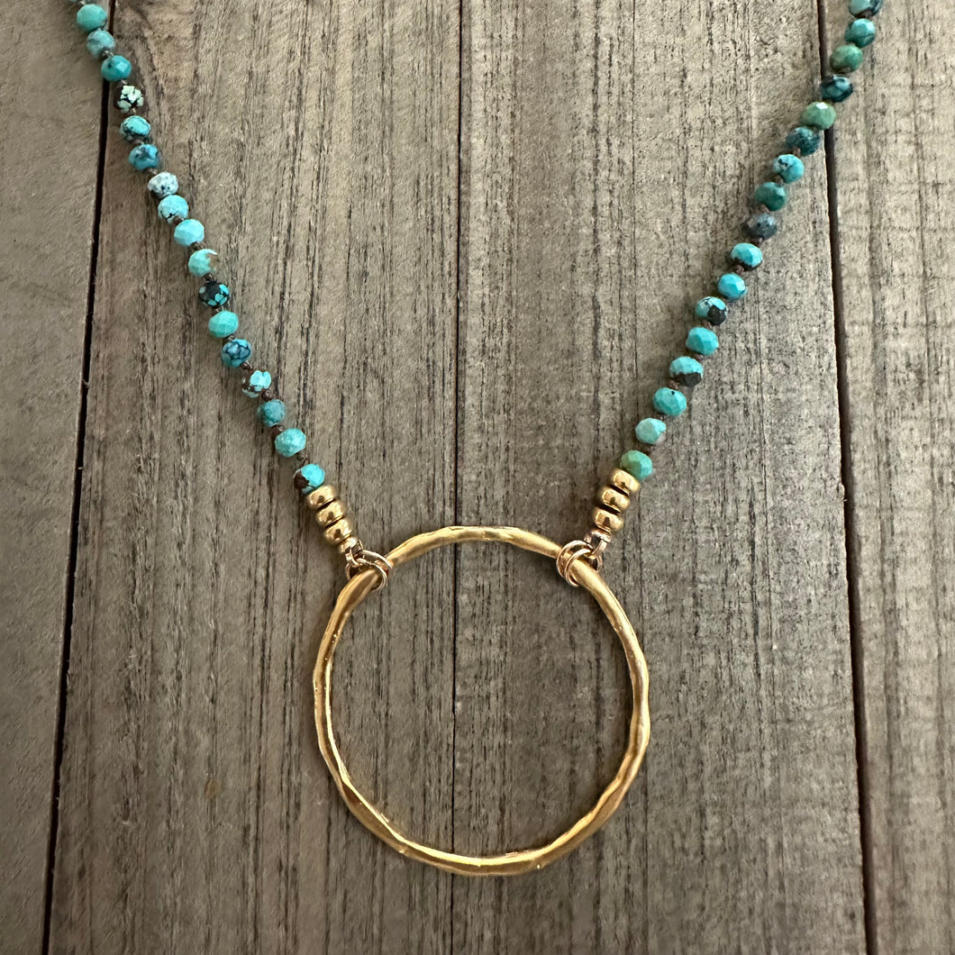 Knotted Turquoise Necklace with a Beautiful Large Hammered Gold Hoop Pendant & Gold Rondelle accents