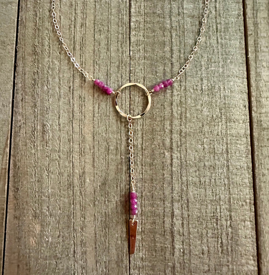 Ruby Lariat Style Necklace with a 14K Gold Filled Chain