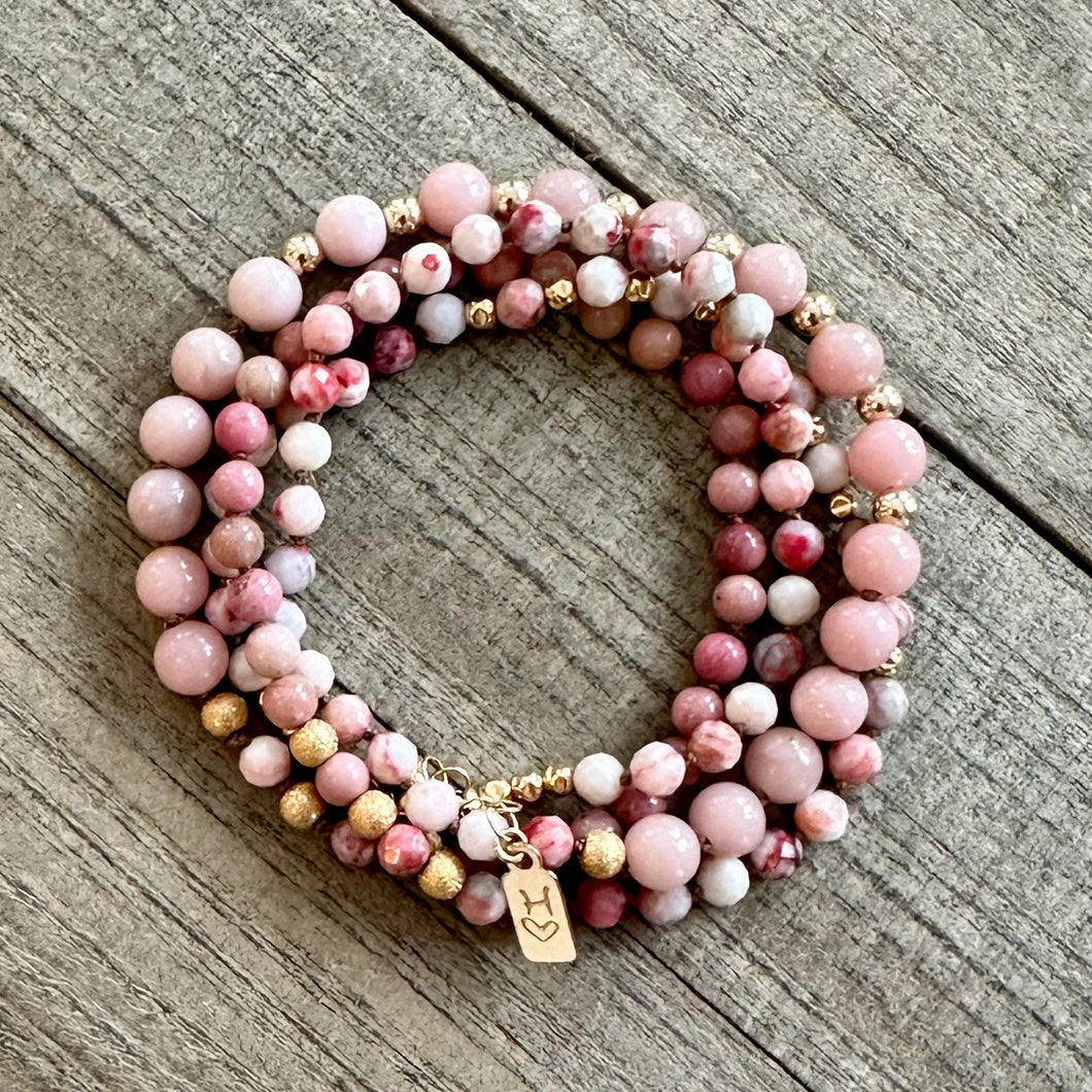 Pink Opal, Petrified Rhodonite & Cinnabite Stone Wrap Bracelet