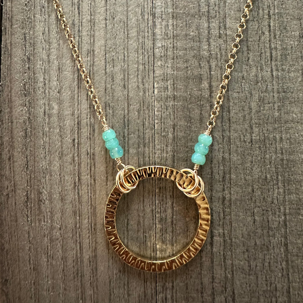 14K Gold Filled Necklace with a Large Textured Hoop and a few beautiful Blue Opals.
