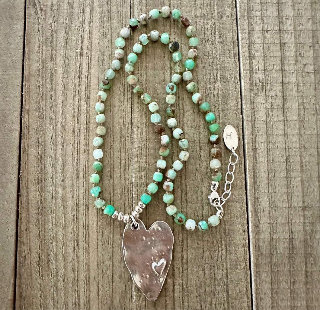 Chrysoprase Knotted Necklace with a Sterling Silver Heart Charm
