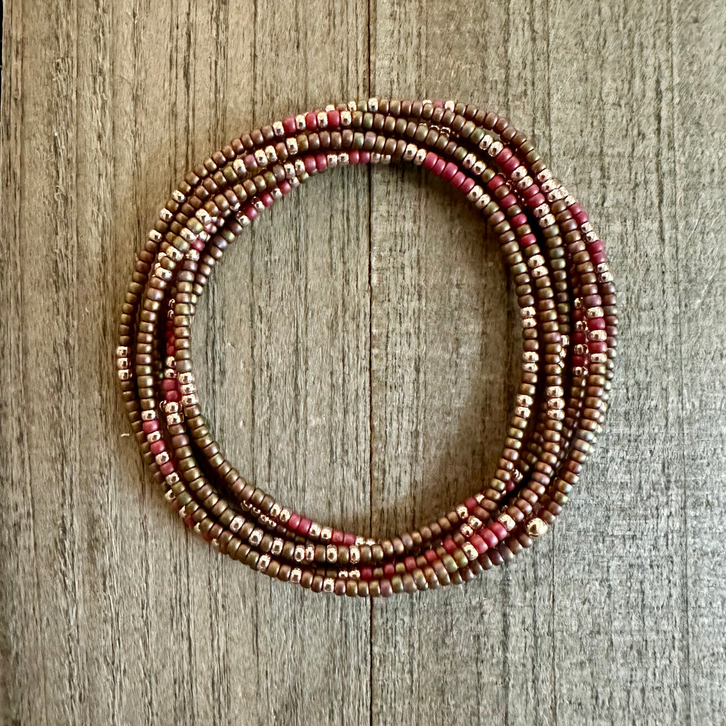 Metallic Khaki Iris, Maroon and Gold Wrap Bracelet