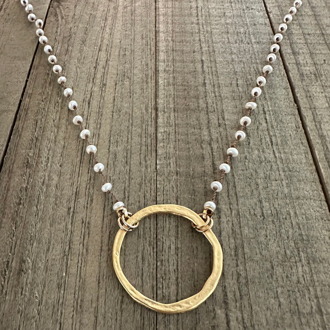 Knotted Fresh Water Pearl Necklace with Large Gold Hoop Pendant