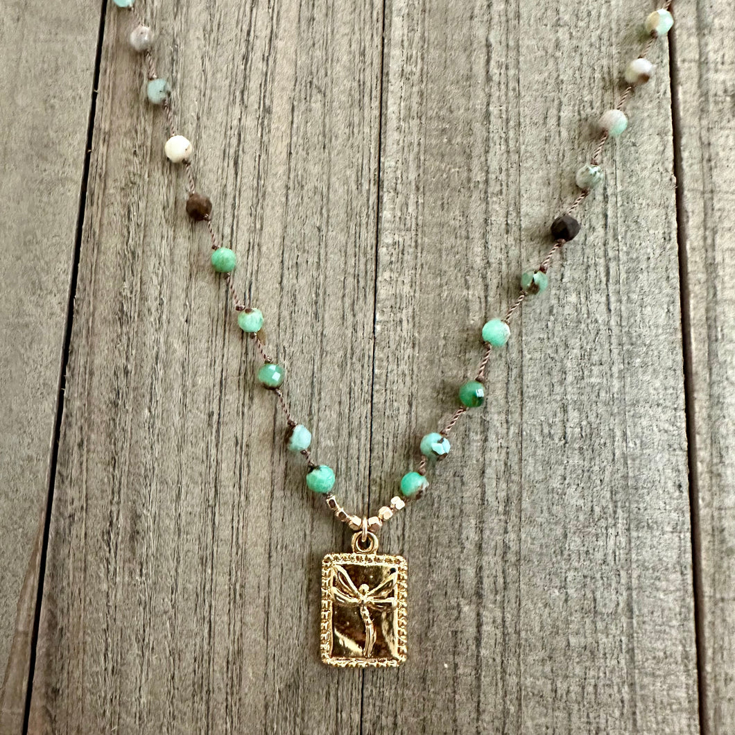 Knotted Chrysoprase Necklace with a Beautiful Gold Plated Dragon Fly Charm and Gold Accents