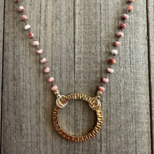 Load image into Gallery viewer, Spiny Oyster Knotted Necklace with a Large Gold Hoop Pendant
