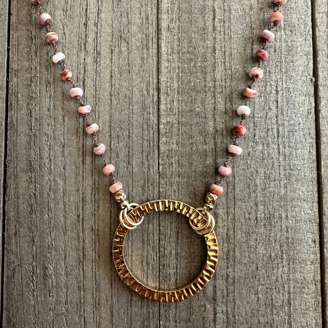 Spiny Oyster Knotted Necklace with a Large Gold Hoop Pendant