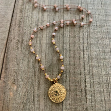 Load image into Gallery viewer, Knotted Peach Moonstone Necklace with a 14K Gold Filled Sun Charm
