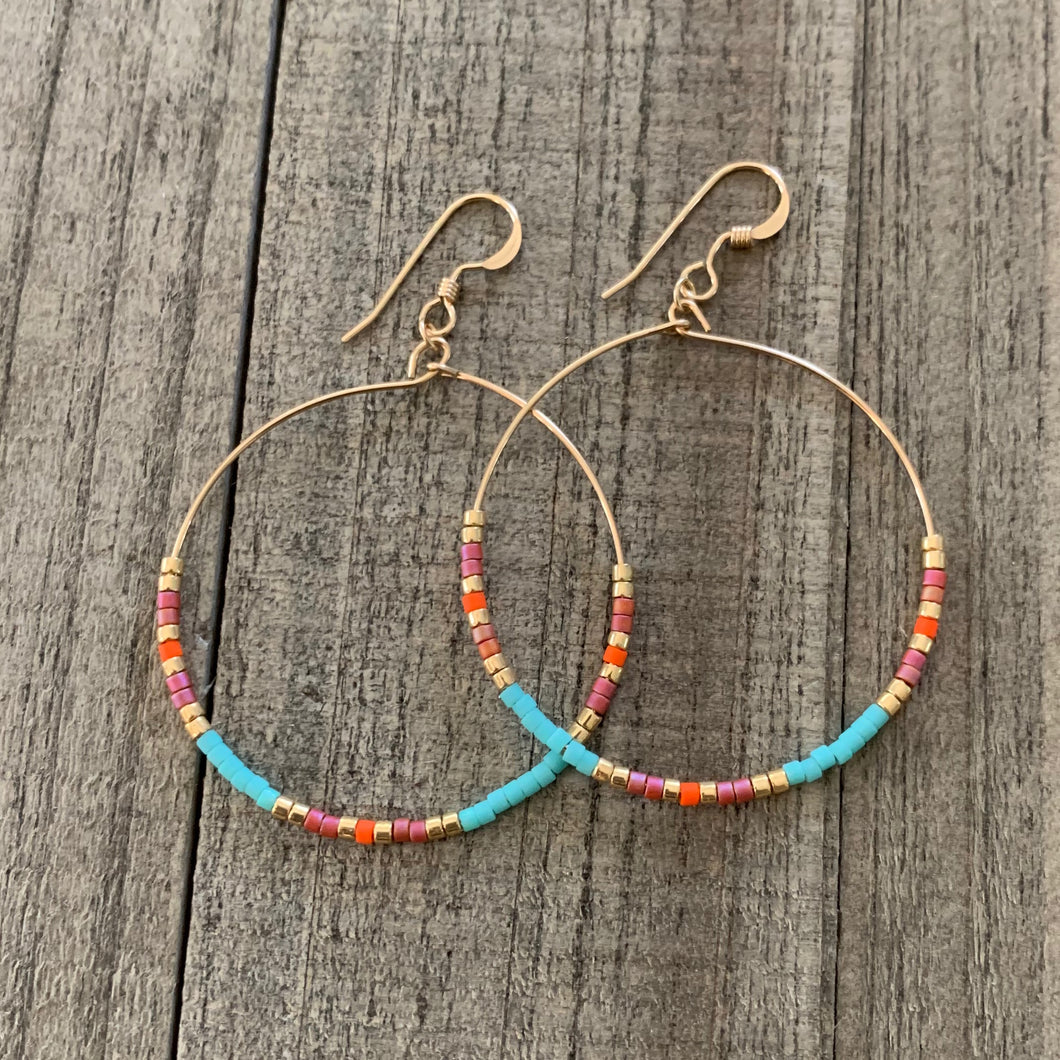 Large Colorful Beaded Wire Hoop Earrings