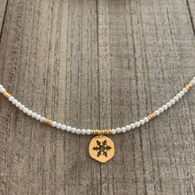 Load image into Gallery viewer, White Turquoise Choker with Gold Glass Accents and a 14K golf Filled Snowflake Charm
