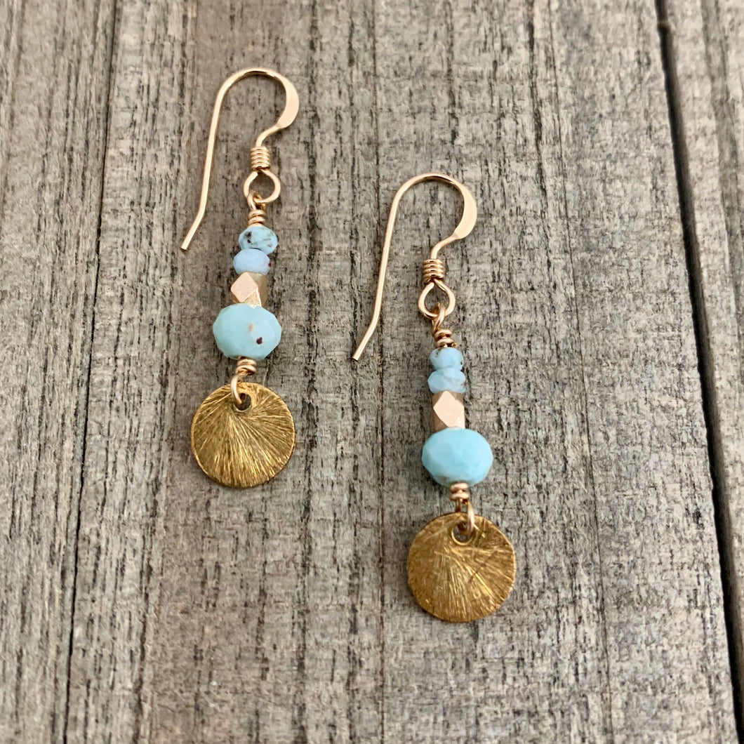 Larimar Stone Earrings with 14K Gold Filled Accents and Brushed Gold Filled Discs